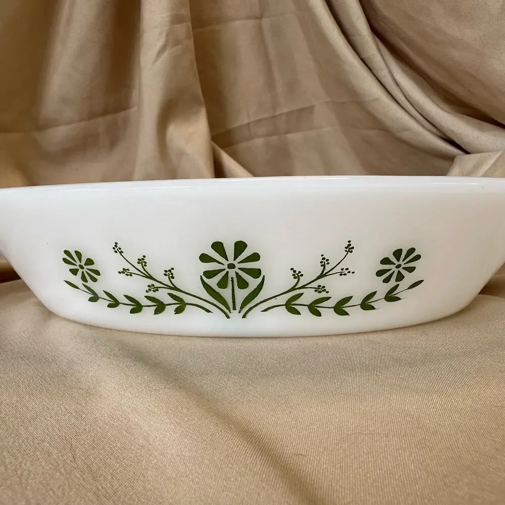 Vintage Glasbake Divided Baking Dish White with Green Flowers